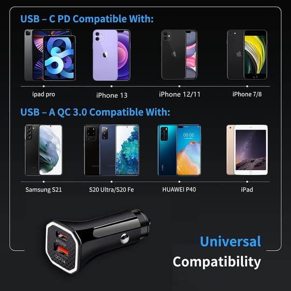 USB C billader sigarettenneradapterplugg billader PD20W 3.0 dobbel port hurtiglading