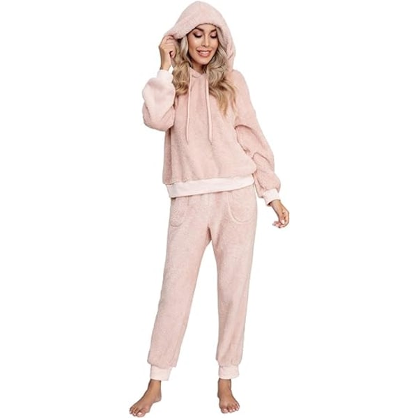 Womens Fuzzy Sherpa Fleece Pyjamas Set, Long Sleeve Hoodies Pyjamabyxor 2 Piece Outfits Loungewear Sleepwear（rosa,s) s