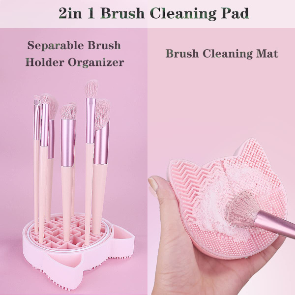 2 i 1 med borste torkställ, silikon kattformad borste rengöringsplatta och kosmetisk hylla (rosa) Pink