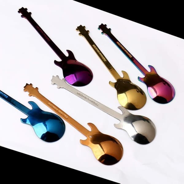 6 st gitarrkaffeskedar i rostfritt stål, söta teskedar i presentförpackning