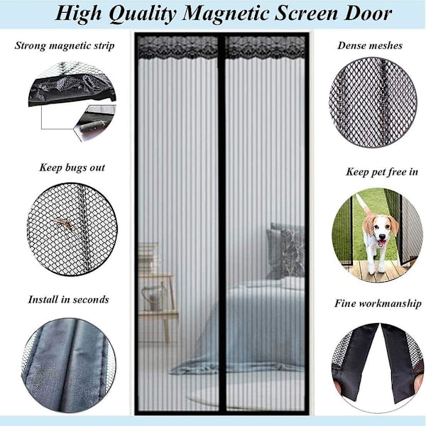 90 x 210CM Magnetisk dörr insektsnät mesh dörrgardin topp-till-botten tätning stängs automatiskt (svart)