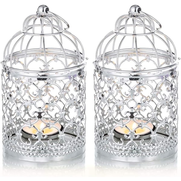 2-delad set dekorativa ljusljus, fågelburar, metall urholkade dekorativa fågelburar, julljusstakar i järn, hänglampor Silver