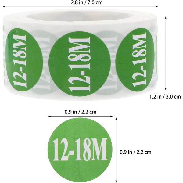 2 rullar baby storlek runda klistermärken Självhäftande storleksetiketter (12-18M) 12-18m