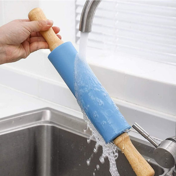 Silikonvals med fast trähandtag, nonstick-stift (blå, grön) 2-pack