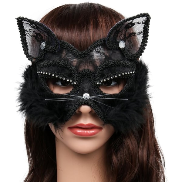 Halloween Maskerad Sexig Spets Kvinnlig Kattmask (svart) 1 Styck