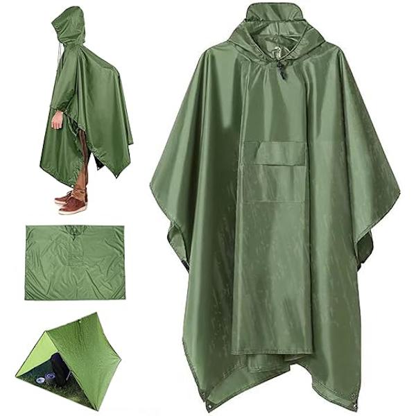 Regnponcho Vuxen Vattentät Återanvändbar Regnkappa Solskydd Tarp för Utomhus Vandring Camping Resor（Armégrön）