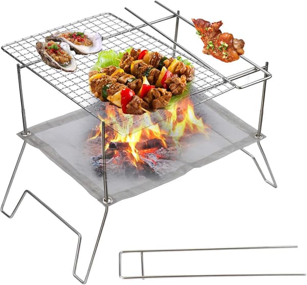 Sammenklappelig bålgrill, bærbar udendørs campingbålplads, camping 304 rustfrit stål netgrill