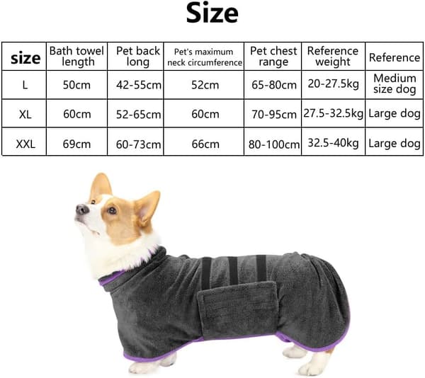 Superabsorberende mikrofiber hundetørredragt til hurtigtørrende hunde (Mørkegrå L) dark grey l