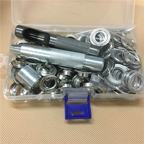 Grommetverktygssats 10mm Metall Ögleuppsättningar 100 Set Grommet Kit Öglor Kit för Canvas Presenning Tält Reparation Silver (2/5 Tum)