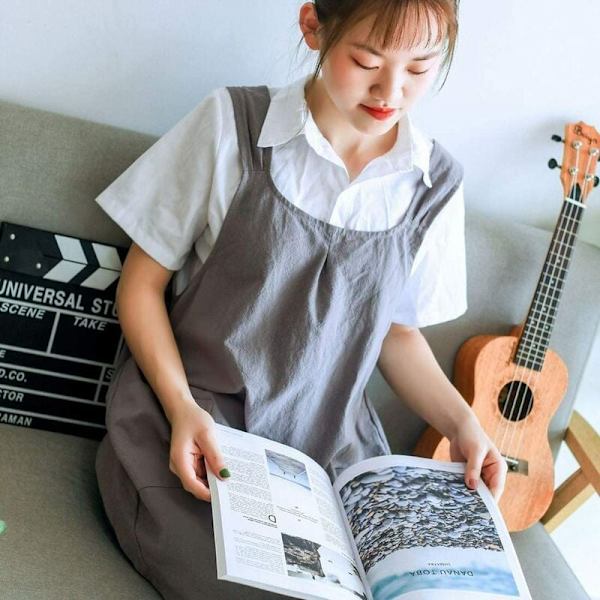 Japanska linnekorsade köksförkläden för män med fickor för matlagning, målning, trädgårdsarbete, städning (grå för kvinnor)