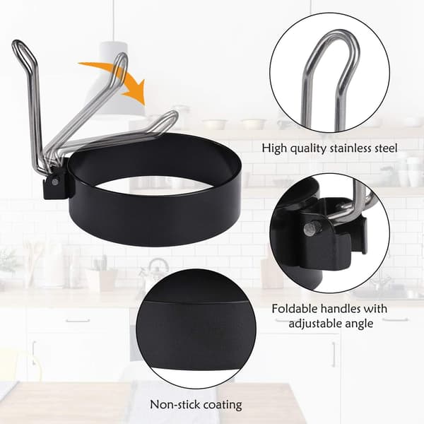 Eggringer Non-Stick Runde Stekepannekakeformer med Sammenleggbare Håndtak i Rustfritt Stål (Svart)