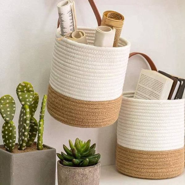 2-pack vävda väggkorgar, små förvaringskorgar, för sovrum, vardagsrum, innergård (vit+khaki)