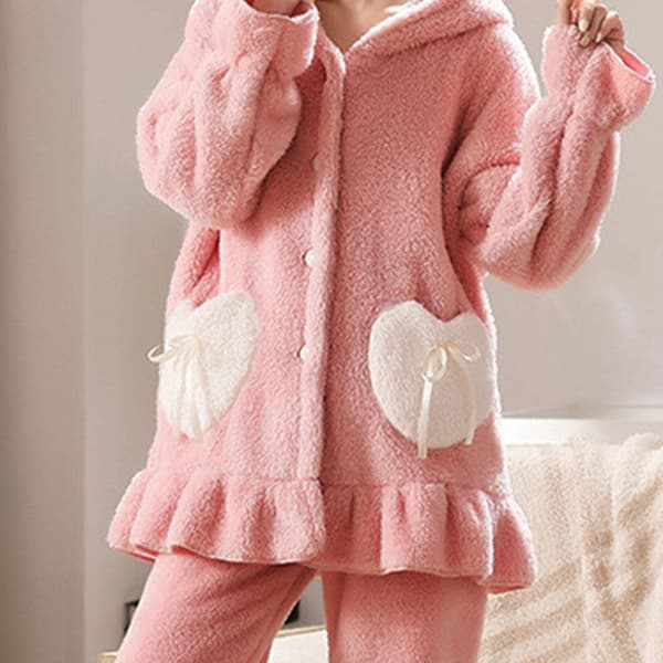 Tykkede kanin-fluffy pyjamas til kvinder, langærmede leggings, varme pyjamassæt (L)