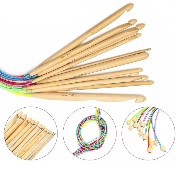 Virka set 23 delar, 12P 3-10mm bambu stickningsnål med förlängt flätat rör