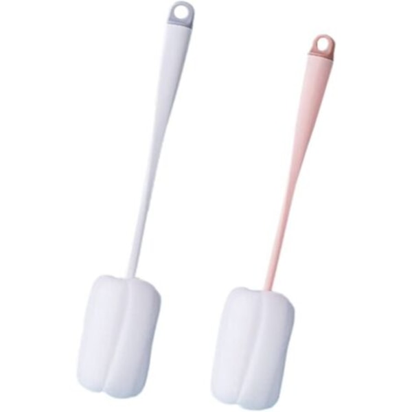 2 koppsformade svampborstar, långskaftade svampborstar, verktyg för rengöring av baby , används för att rengöra baby , koppar, vita och rosa