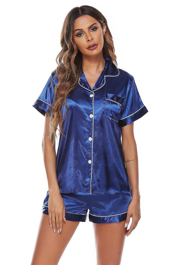 Silke Satin Pyjamas Sæt til Kvinder Kortærmet Nattøj Shorts Sæt blue l