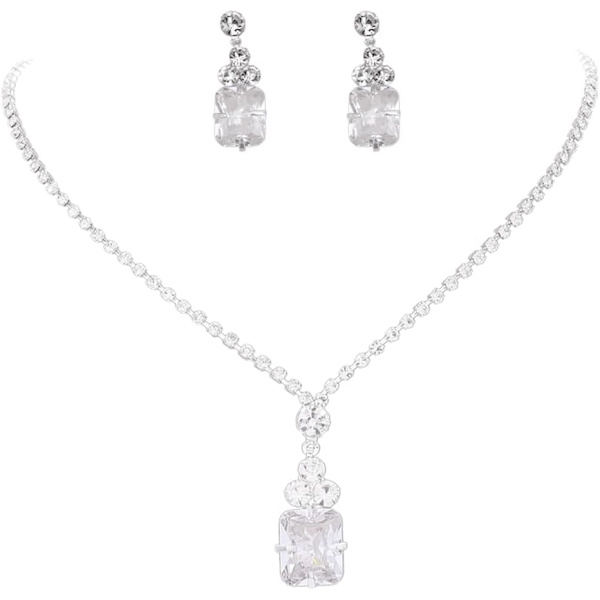 Silver bröllops smyckesset med halsband och örhängen med glänsande strass och ädelstenar