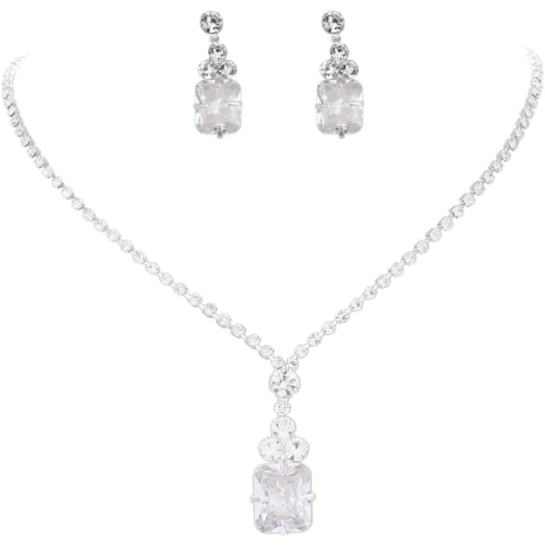 Silverbröllopssmycke set med halsband och örhängen med glänsande strass och dyrbar