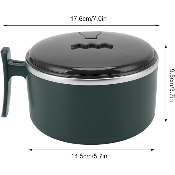 Isolerad skål, Ramen skål, 304 Rostfritt stål Dubbel Instant Pastaskål med lock (Grön) Green