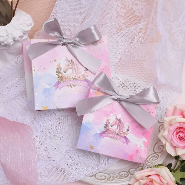 8 st bröllopsgäster rosa påse, enhörningsgodis festligt bröllopskort