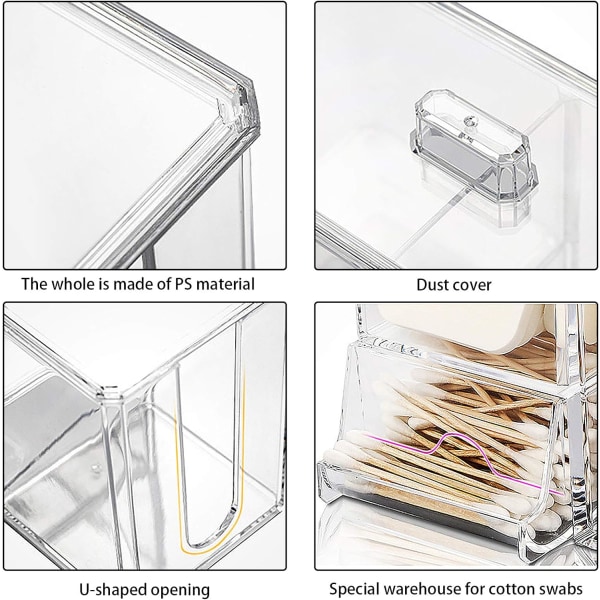 Q-tipshållare Bomullsplattorhållare Bomullskulor Swabhållare Behållare med lock 4-Grid Q-tips och bomullshållare