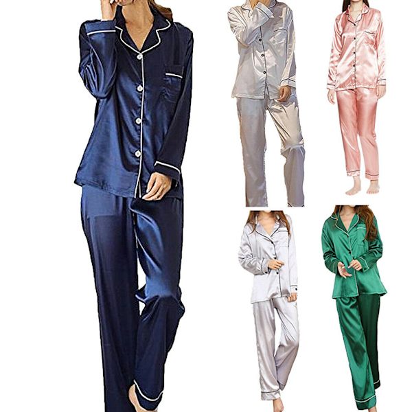 (XL) Set långärmad nattklädespyjamas för kvinnor i mjukt sidensatäng blue XL