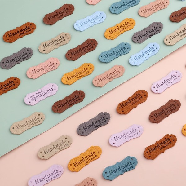 50 delar Handgjorda läderetiketter, mikrofiberläder -vävda etiketter med kärlekskärnor handgjorda (10 färger)