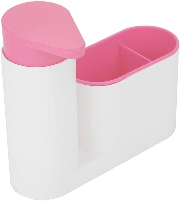 Monobloc vaskorganisator med såpedispenser, vaskemiddeldispenser 17,5 × 6 × 16,5 cm, (rosa) pink