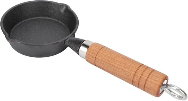 Mini støpejernspanne, forbehandlet liten støpejernspanne med trehåndtak 10 cm