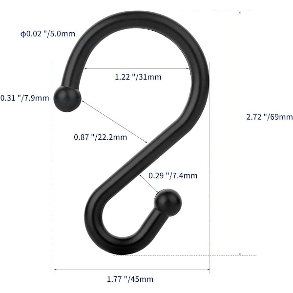 Duschdraperi metallkrok, set med 12 ringar, duschdraperi rostbeständig S-formad krok, köksredskap, kläder, handdukar och annat (svart)