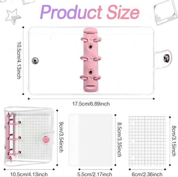 2 set mini transparenta ringpärmar med 3 ringar och innerficka i papper (rosa, lila) Pink