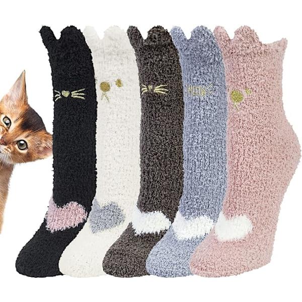 5 par gosiga strumpor dam vinter varma sängstrumpor fluffiga strumpor söt kattmönsterdesign
