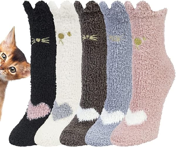 5 par nuttede sokker til kvinder Vintervarme sengesokker Fluffy sokker Sødt katteprint design