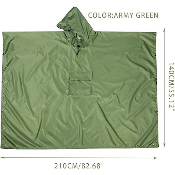 Regnponcho Vuxen Vattentät Återanvändbar Regnkappa Solskydd Tarp för Utomhus Vandring Camping Resor（Armégrön）