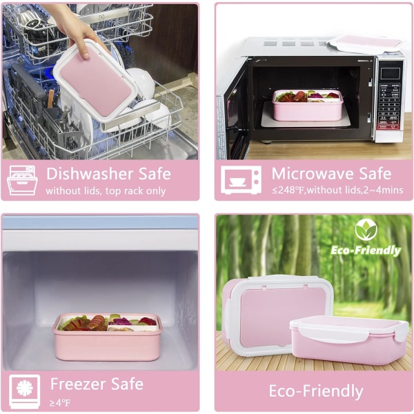 Bento Lunchbox - 3-fack Lunchbox - Mikrovågsugn/frys Lunchbox för vuxna och barn (rosa)
