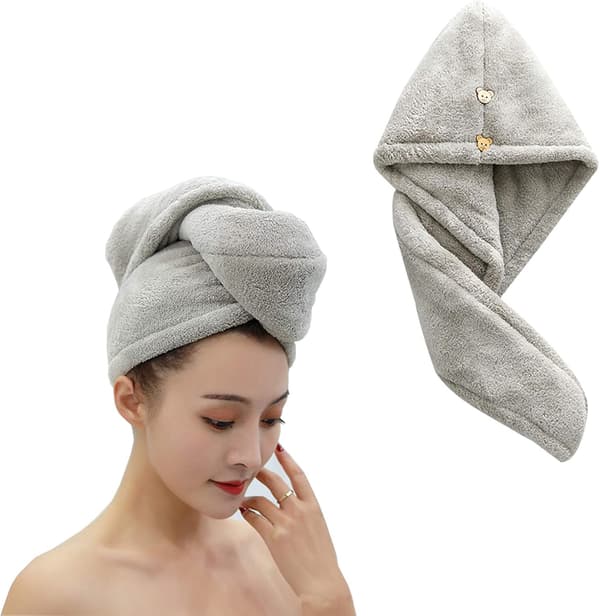 Mikrofiber Turban Hurtigtørrende Hårhåndklæde, Ultraabsorberende Mikrofiber Hårhåndklæde med Knap (Grå)