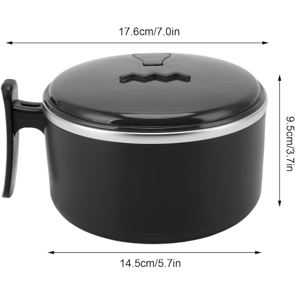 Isolerad skål, Ramen skål, 304 Rostfritt stål Dubbel Instant Pastaskål med lock (Svart) Black