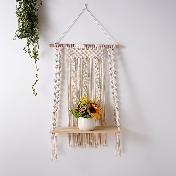 Bohemisk Macrame Vägg Hängande Gobeläng Handvävd med Trähylla