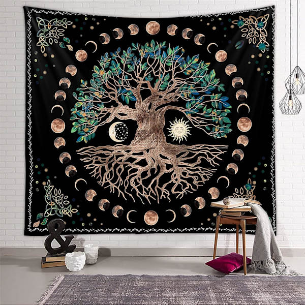 Livets träd gobeläng, måne och sol svart väggbonad gobeläng, psykedelisk mandala