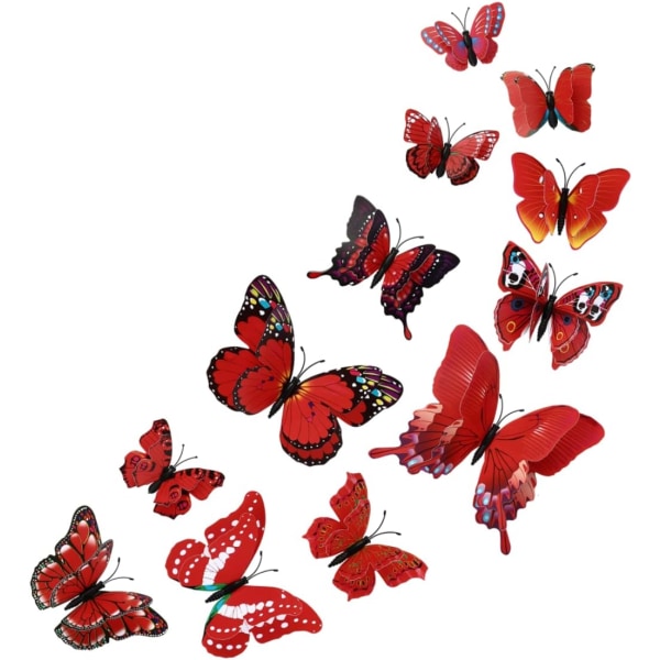 Avtagbar 3D-fjärilsdekoration för väggmålning (dubbelt lager - röd/12 delar) red