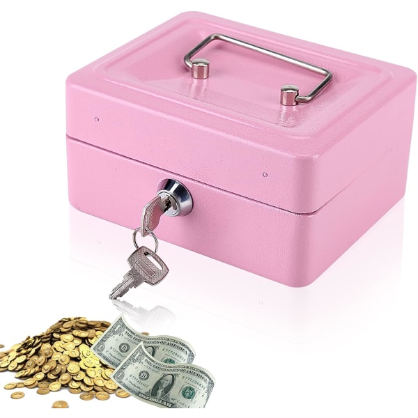 Minipengarbox med lås, pengakassett med 2 nycklar, 12 x 15 x 7,5 cm (rosa)