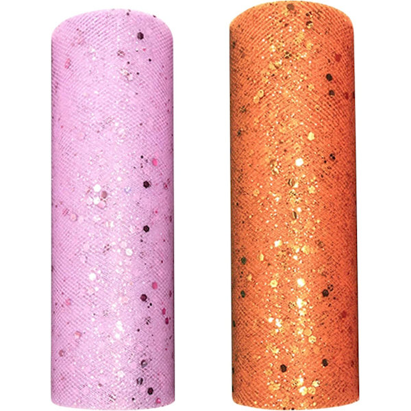 Paljett tyll nät rulle 6\" x 10 Yard DIY kläder tyg tillbehör (rosa + orange) Pink + Orange