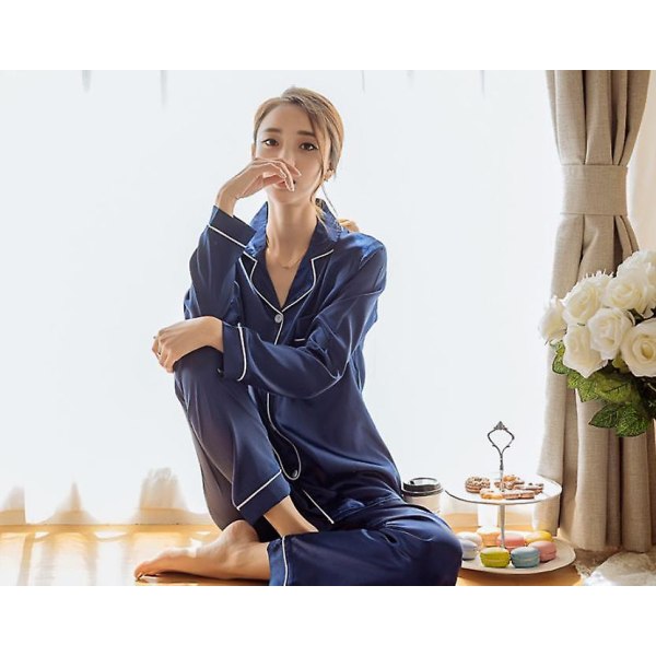 (XL) Set långärmad nattklädespyjamas för kvinnor i mjukt sidensatäng blue xl