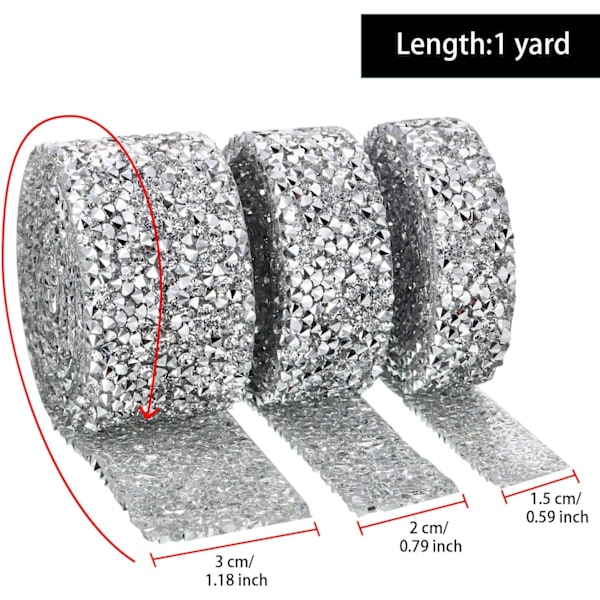 Kristall Rhinestone Band Självhäftande 3 Yards Diamant Rhinestone Band Bling Band Rullar Bandning Bälte Wrap, 3 Rullar i 3 Storlekar White