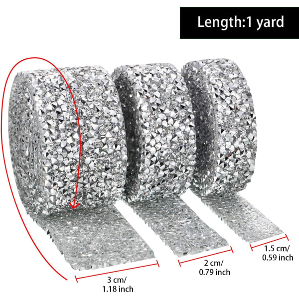 Kristallstrassband självhäftande 3 yards diamantstrassband Blingband Rullbandsbälte, 3 rullar i 3 storlekar White