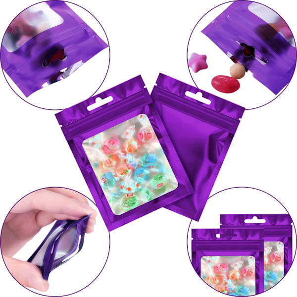 100 st Mylar-påsar återanvändbara läckagesäkra tätningsbara smyckespåsar (13X21CM, lila) Purple 13*21cm