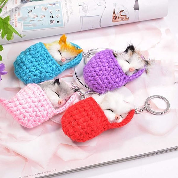 Söt sovande Pom Pom katt nyckelring handgjord vävd fluffig bilnyckelring (rosa)