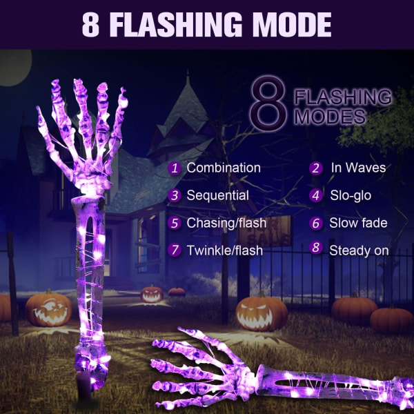 Halloween-dekoration, belyst skelettarm, 2-pack vattentät batteridriven, lila