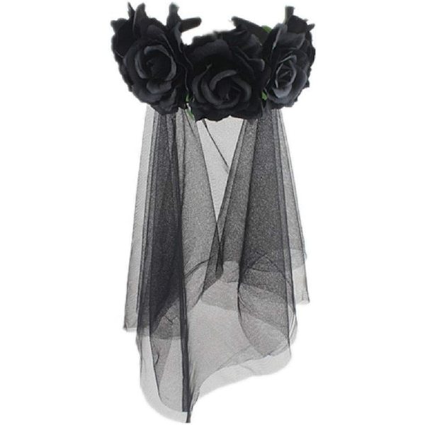 Halloween gotisk blomsterkrans med svart slöja hårband cosplay bröllop huvudbonad（svart） black