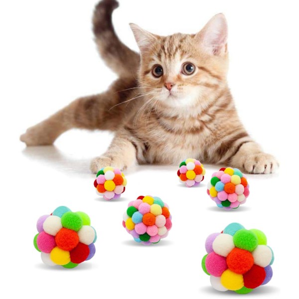 6 ST Cat Balls med Bell Cat Fuzzy Balls Kitten Interactive Pom Pom Cat Toys